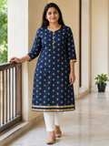 BLUE COTTON STRAIGHT LINE KURTA FOR DAY OUT