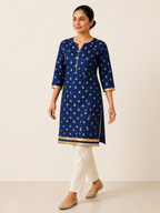 BLUE COTTON STRAIGHT LINE KURTA FOR DAY OUT