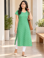 GREEN COTTON  STRAIGHTLINE KURTA FOR CASUAL WEAR