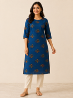 BLUE COTTON STRAIGHTLINE KURTA FOR OFFICE WEAR