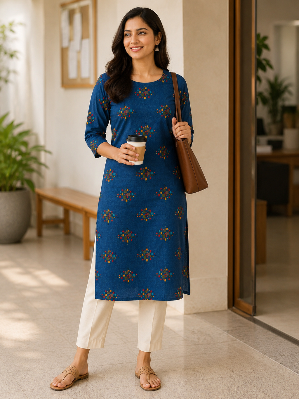 BLUE COTTON STRAIGHTLINE KURTA FOR OFFICE WEAR