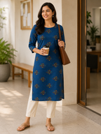 BLUE COTTON STRAIGHTLINE KURTA FOR OFFICE WEAR