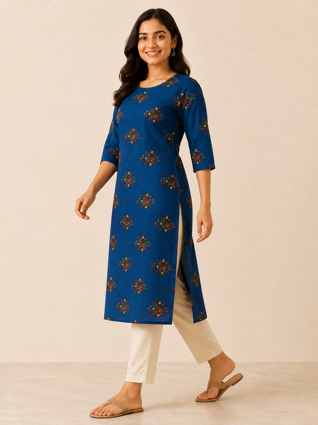 BLUE COTTON STRAIGHTLINE KURTA FOR OFFICE WEAR