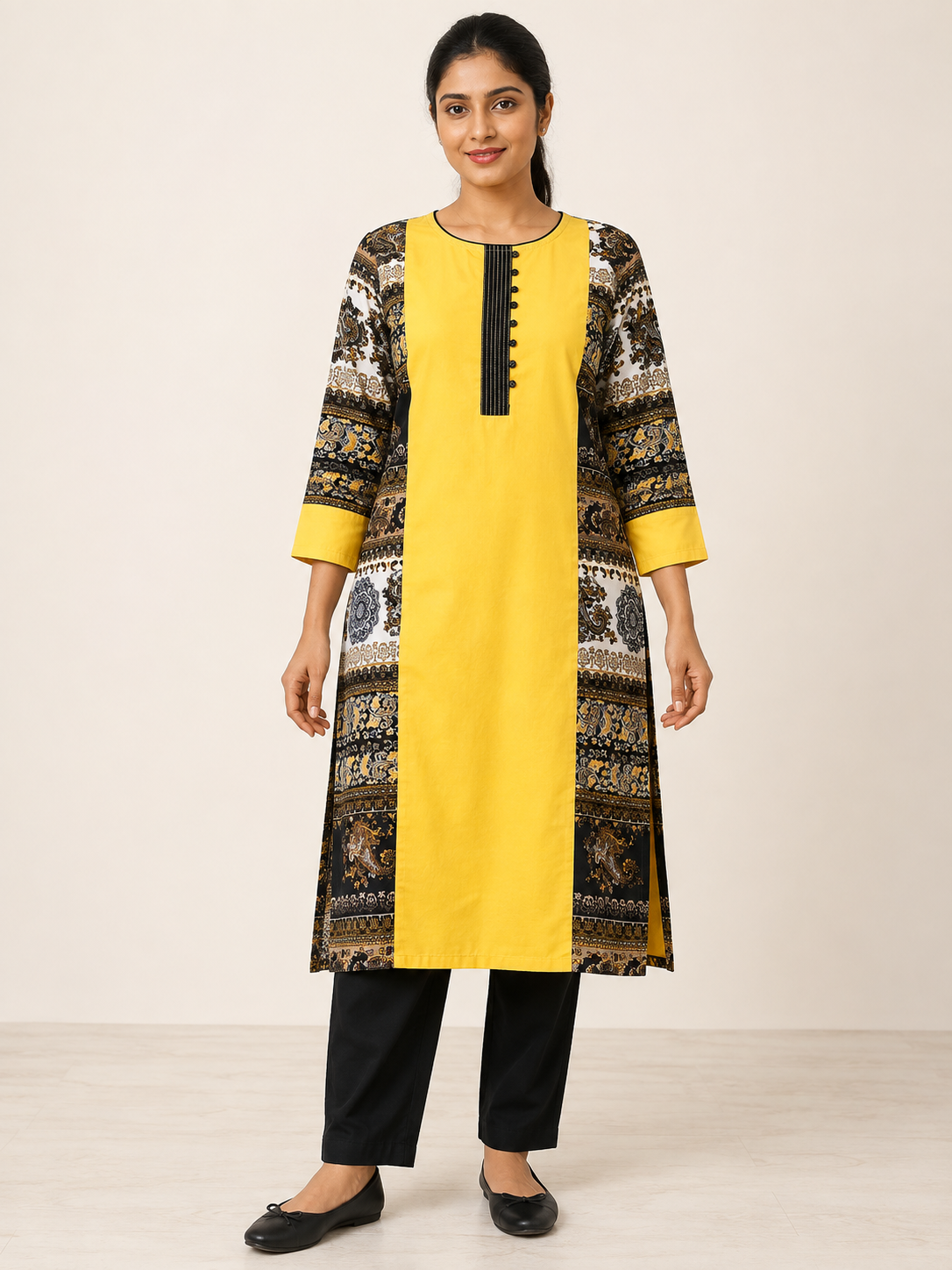 YELLOW COTTON STRAIGHTLINE KURTA FOR CASUAL WEAR