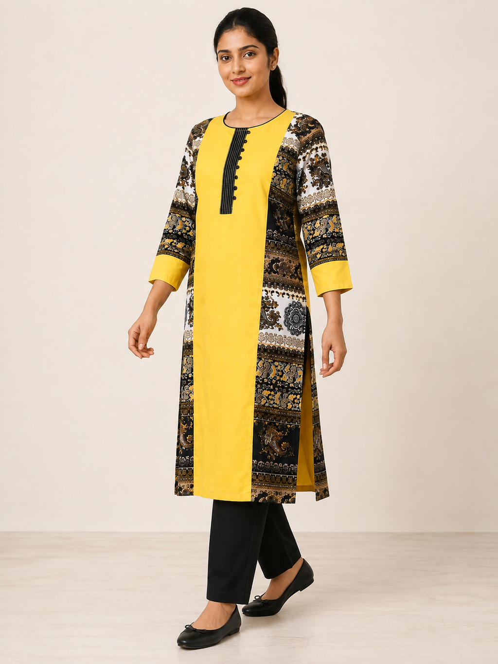 YELLOW COTTON STRAIGHTLINE KURTA FOR CASUAL WEAR