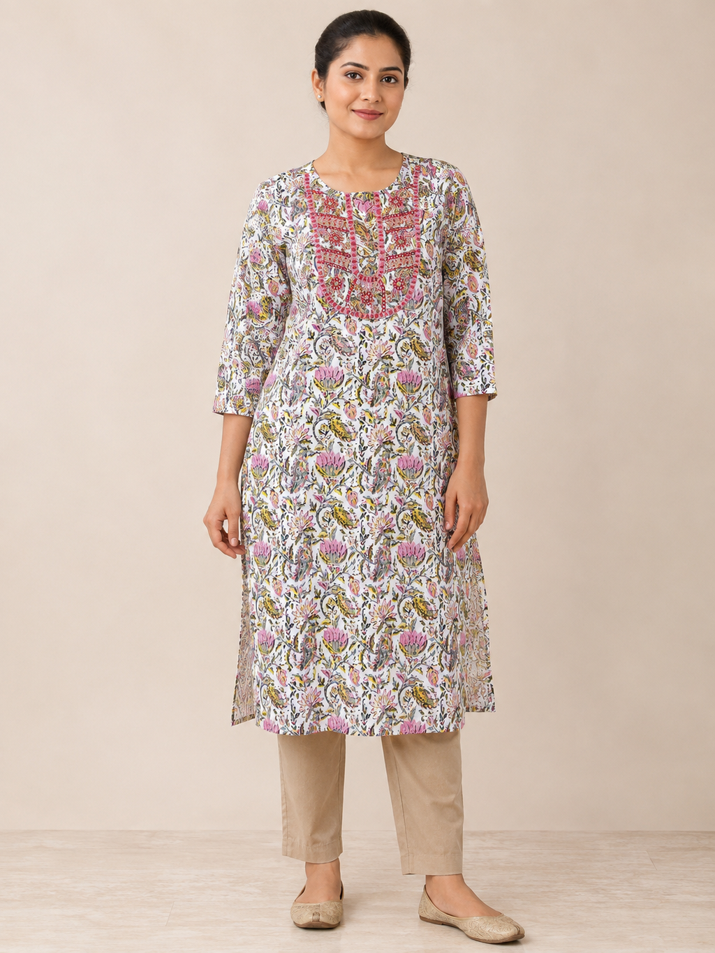 WHITE COTTON STRAIGHT LINE KURTA FOR CASUAL WEAR
