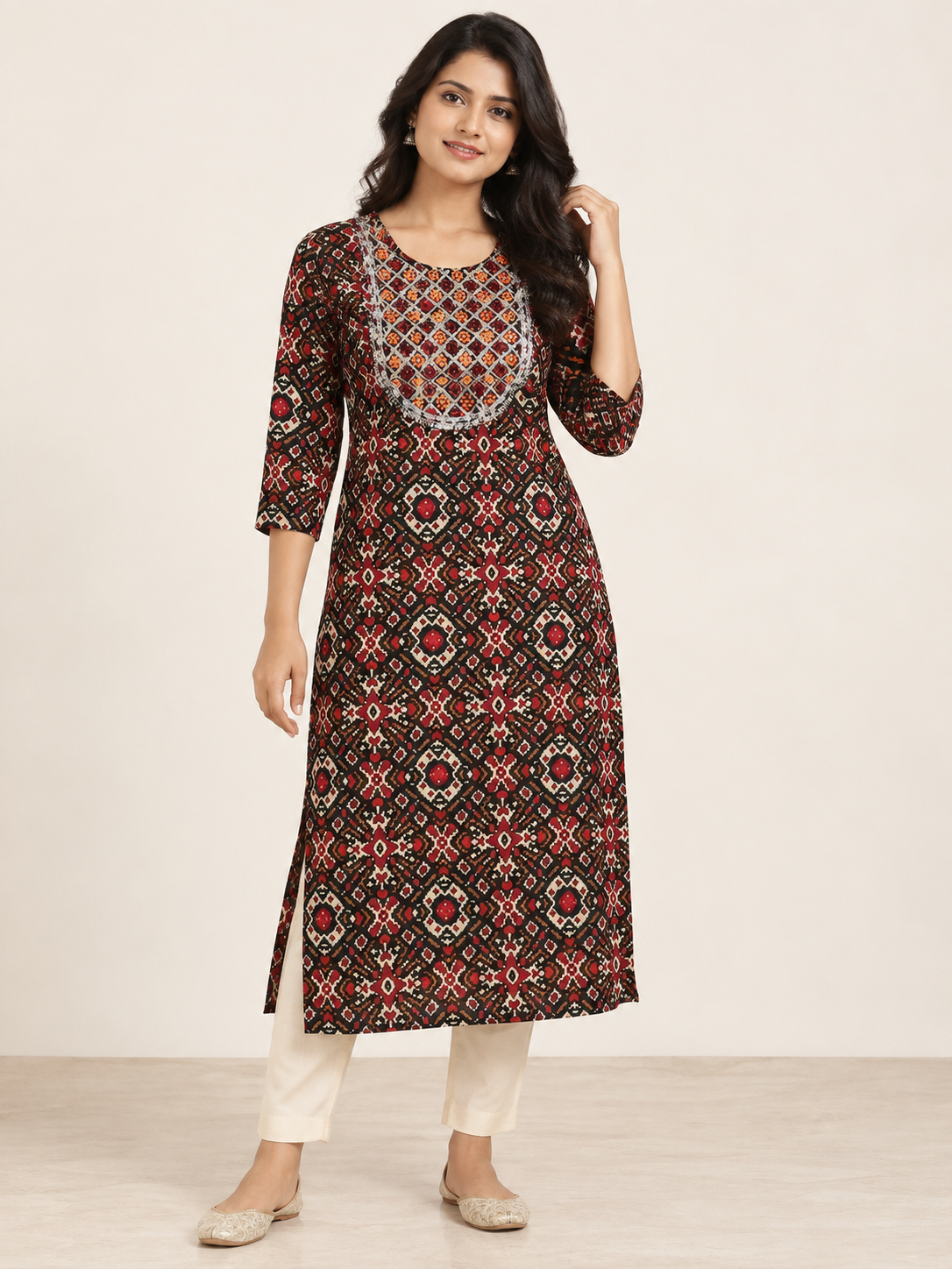 RED COTTON STRAIGHT LINE KURTA FOR CASUAL WEAR