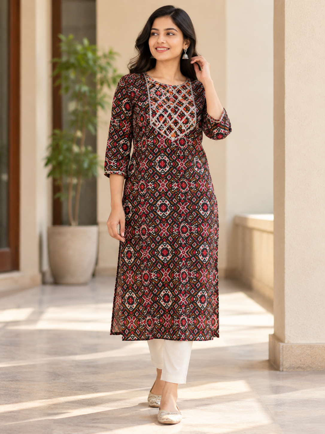 RED COTTON STRAIGHT LINE KURTA FOR CASUAL WEAR