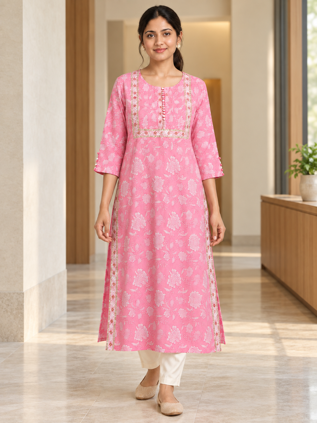 PINK COTTON STRAIGHTLINE KURTA FOR CASUAL WEAR