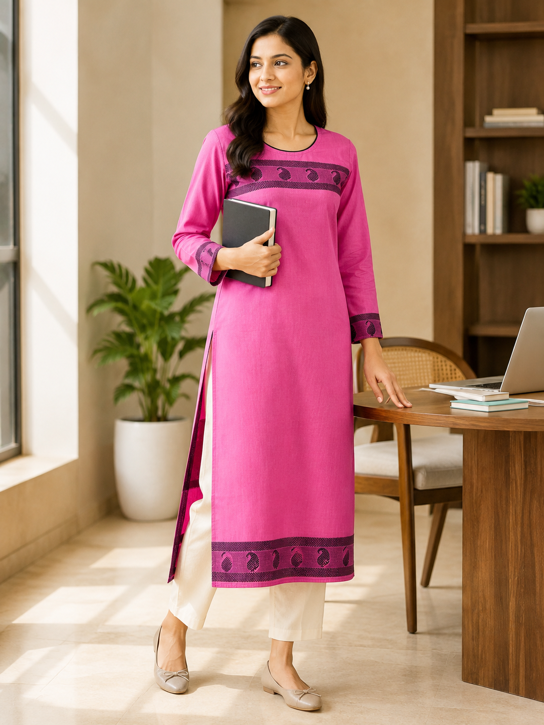 PINK COTTON STRAIGHTLINE KURTA FOR CASUAL WEAR