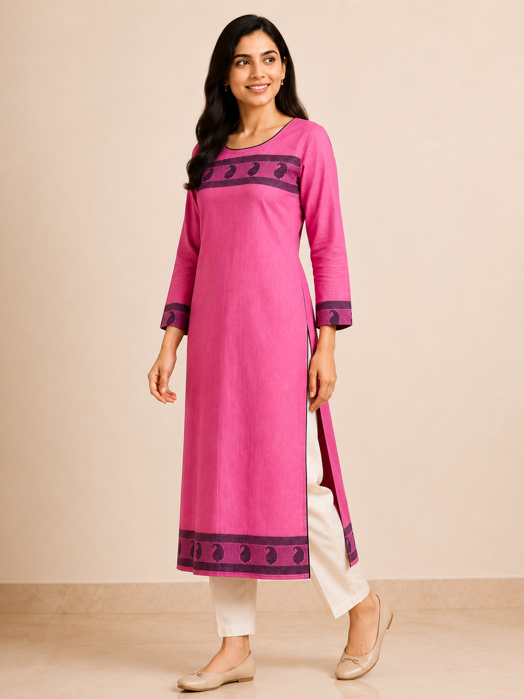 PINK COTTON STRAIGHTLINE KURTA FOR CASUAL WEAR