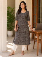 BLACK COTTON STRAIGHTLINE KURTA FOR CASUAL WEAR