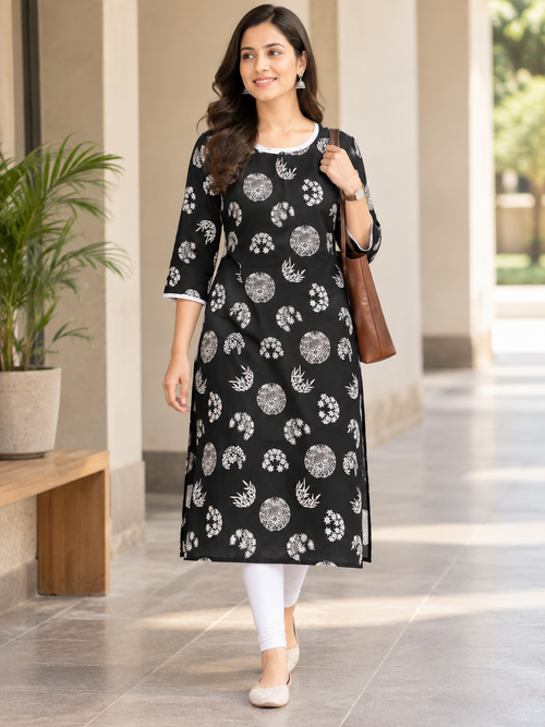 BLACK COTTON STRAIGHTLINE KURTA FOR CASUAL WEAR