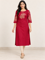 RED NYLON STRAIGHT LINE KURTA FOR CASUAL WEAR