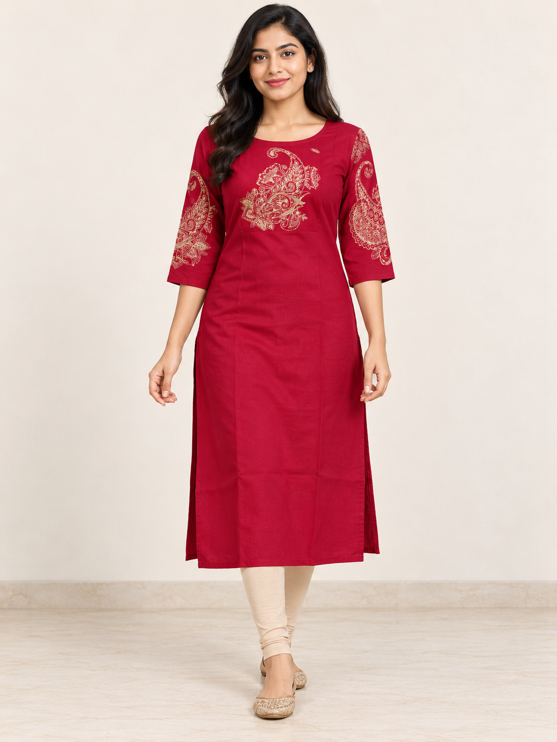 RED NYLON STRAIGHT LINE KURTA FOR CASUAL WEAR