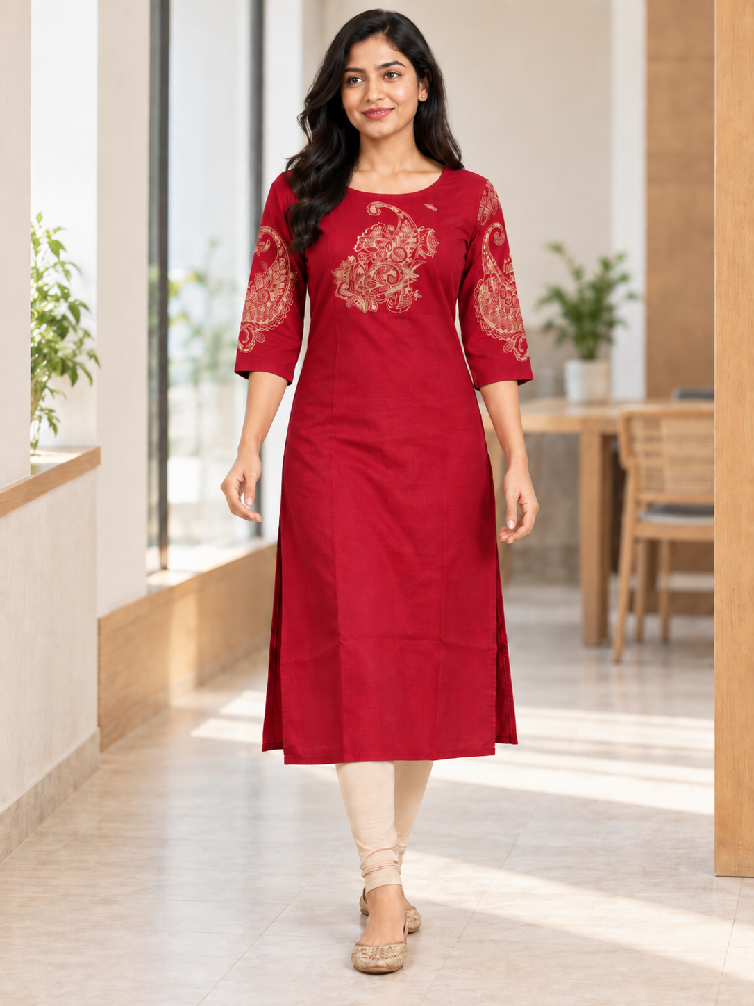 RED NYLON STRAIGHT LINE KURTA FOR CASUAL WEAR
