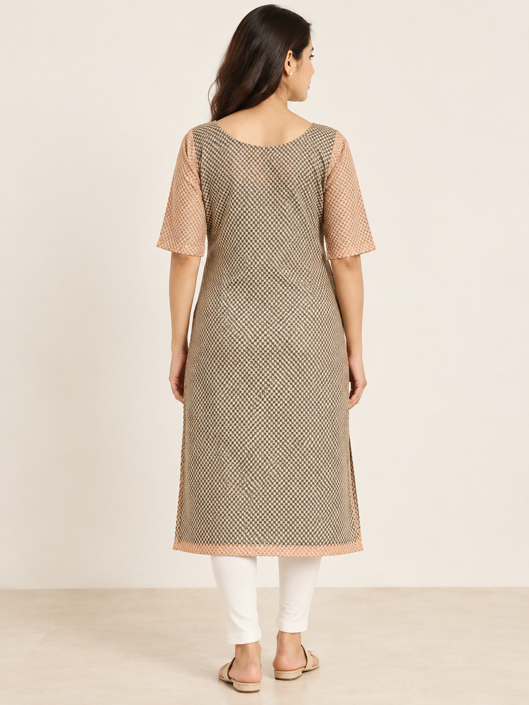 BEIGE NYLON STRAIGHTLINE KURTA FOR CASUAL WEAR