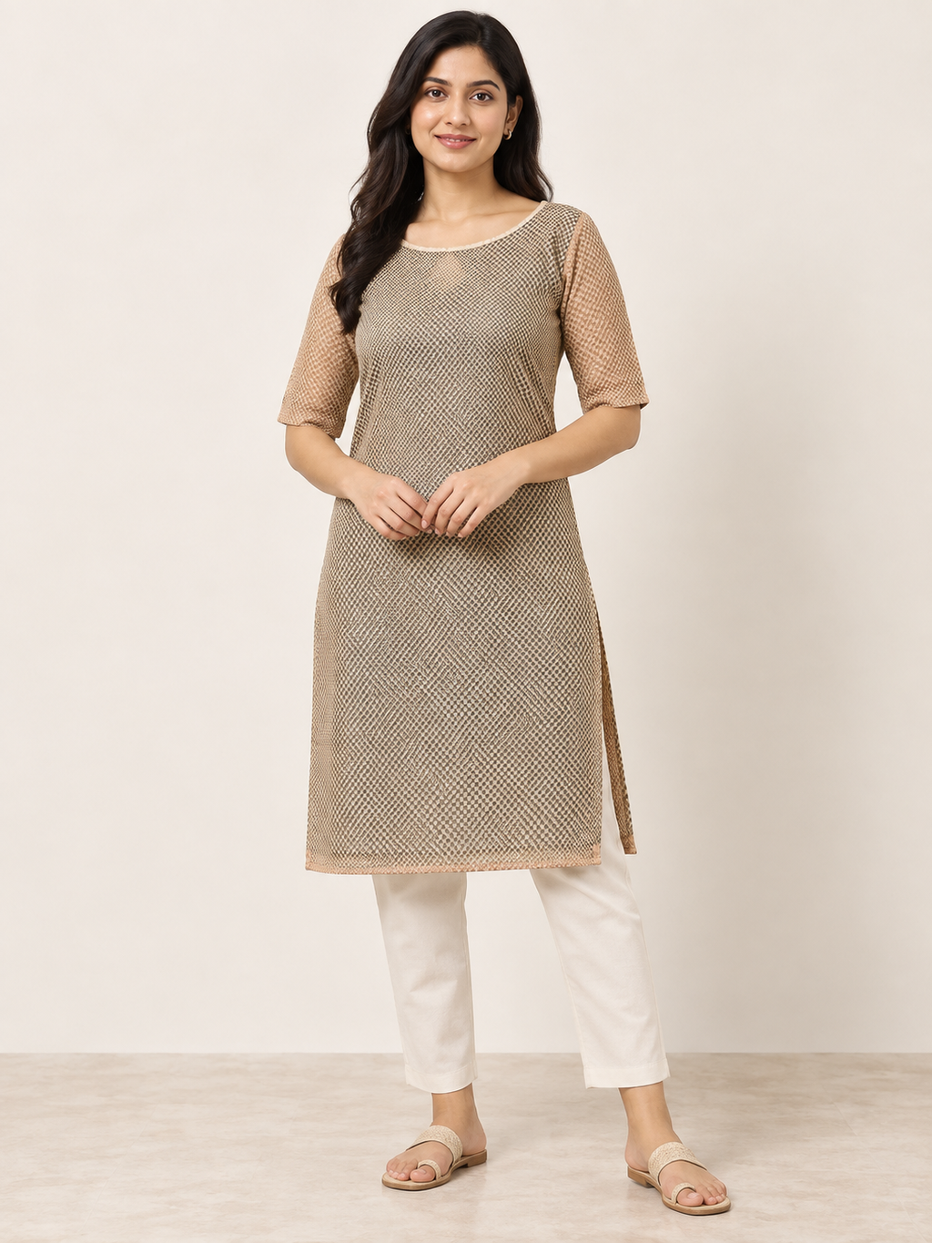 BEIGE NYLON STRAIGHTLINE KURTA FOR CASUAL WEAR