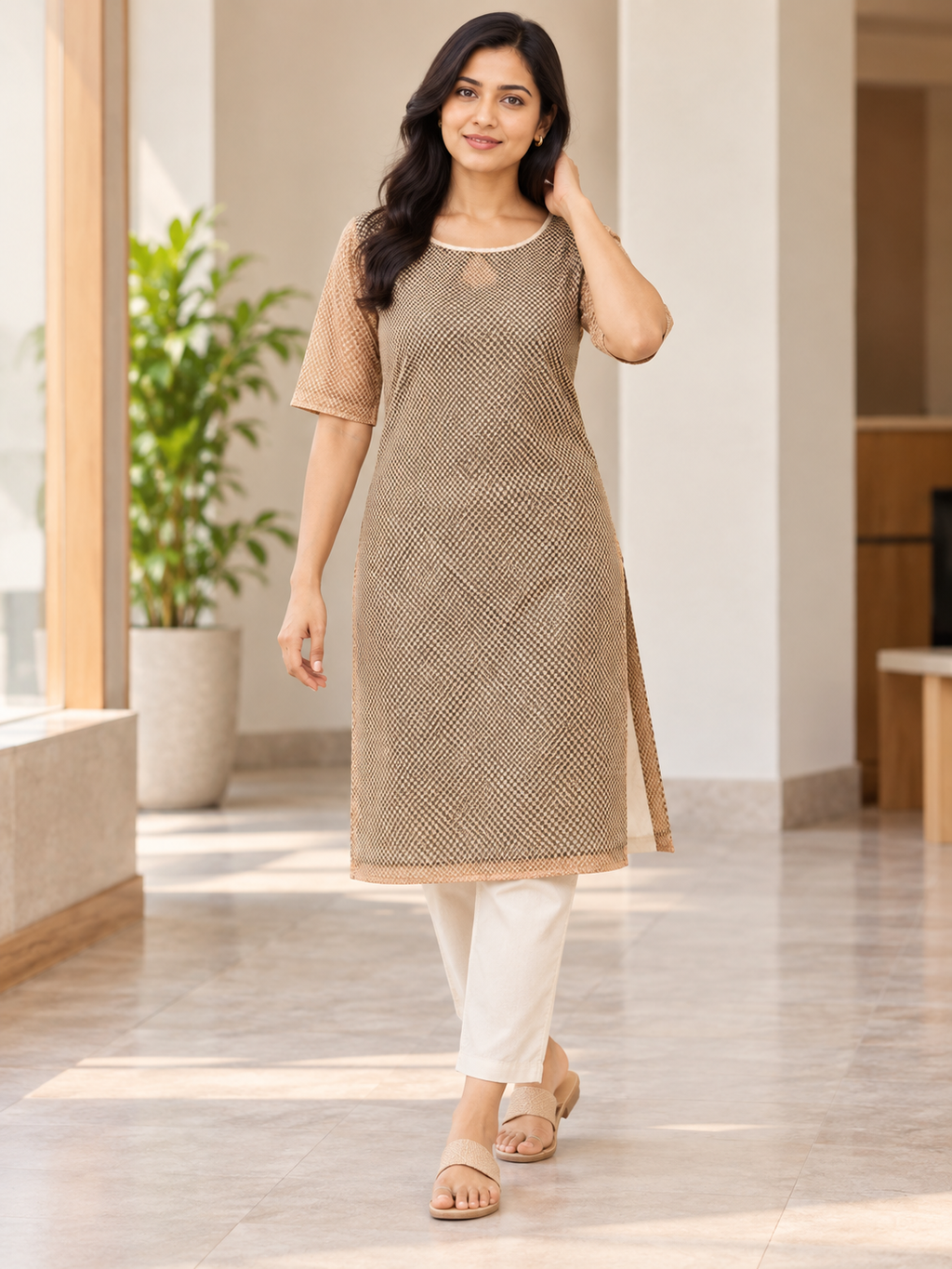 BEIGE NYLON STRAIGHTLINE KURTA FOR CASUAL WEAR