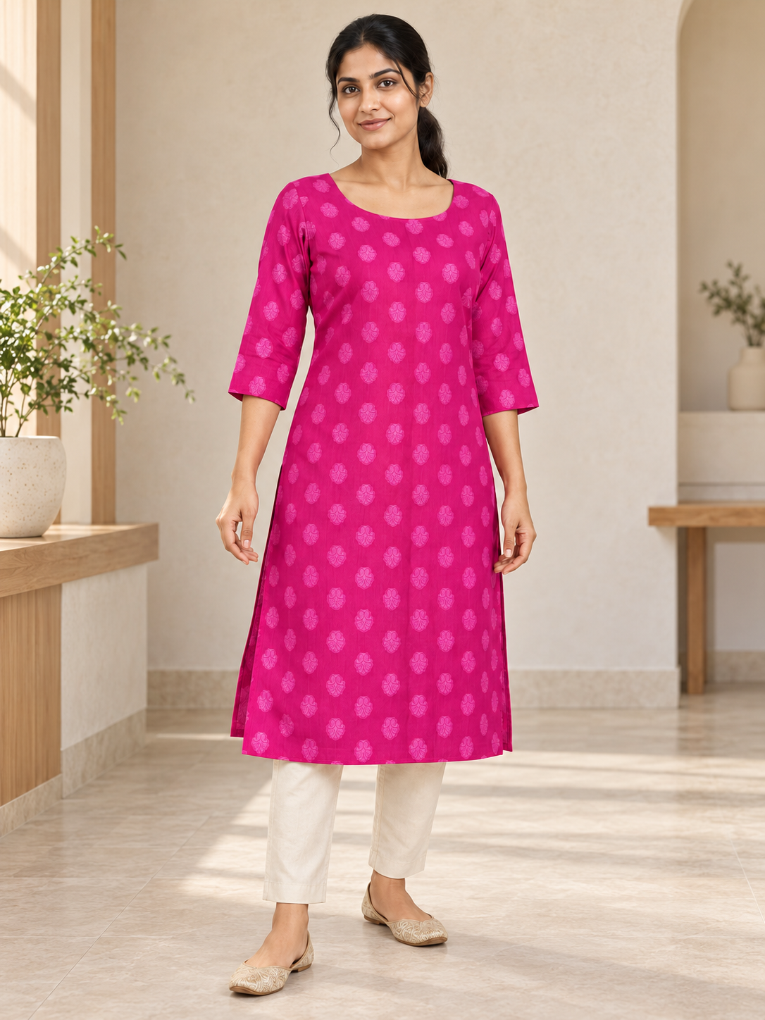 PINK NYLON STRAIGHTLINE KURTA FOR CASUAL WEAR
