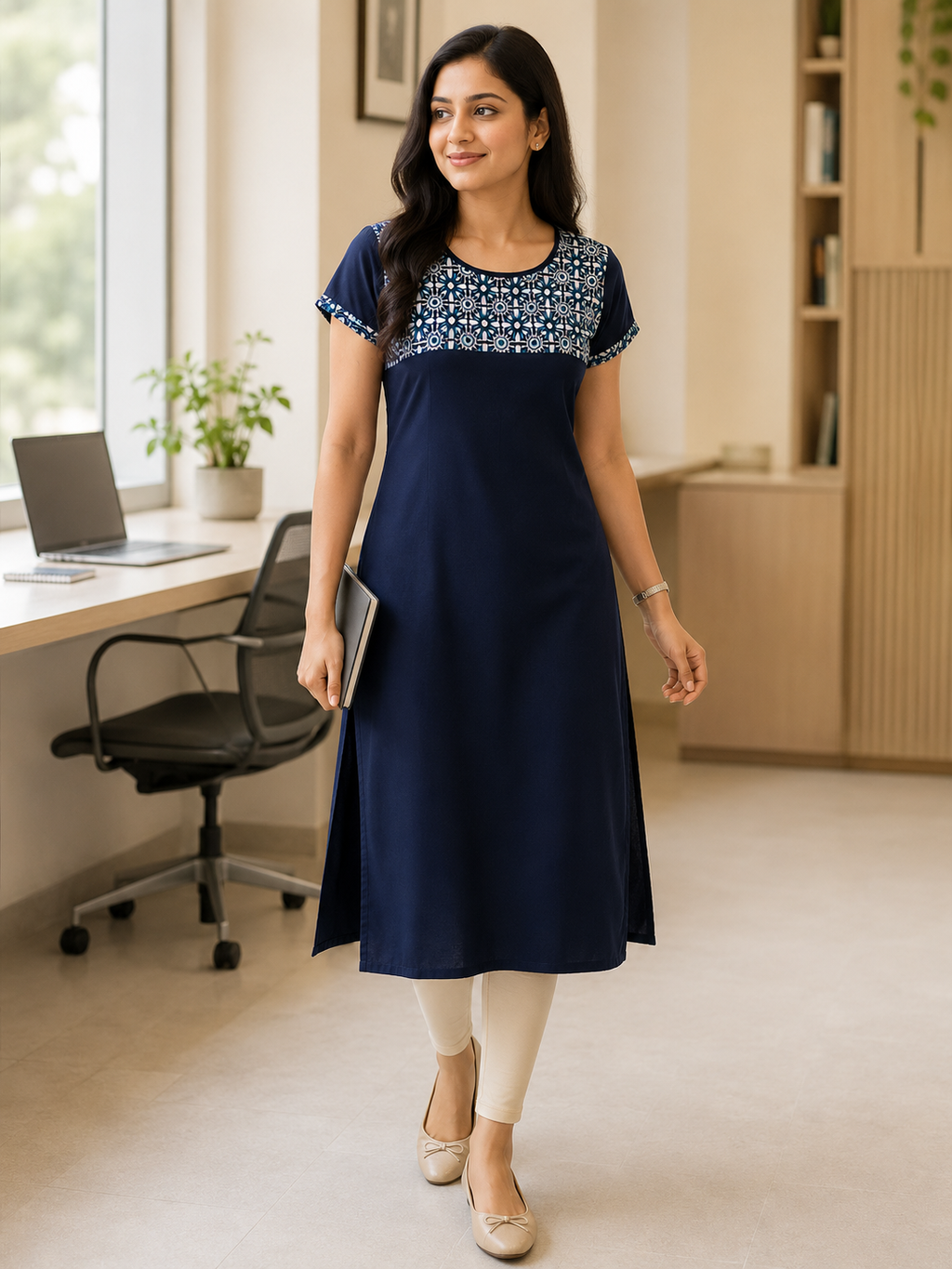 NAVY BLUE NYLON STRAIGHTLINE KURTA FOR WORK