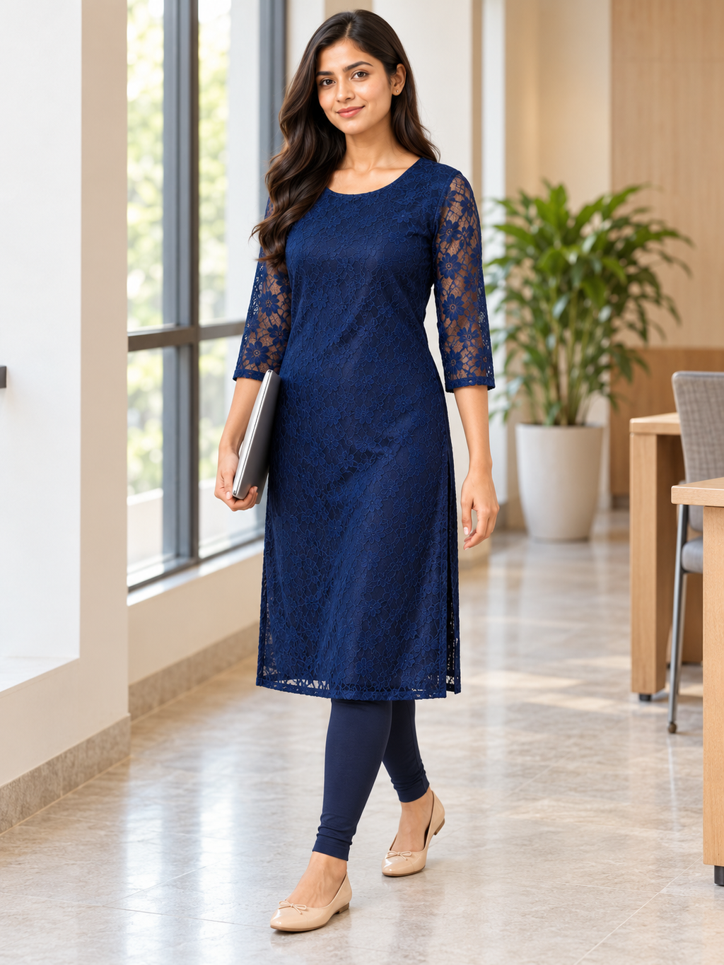 NAVY BLUE NYLON STRAIGHTLINE KURTA FOR CASUAL WEAR