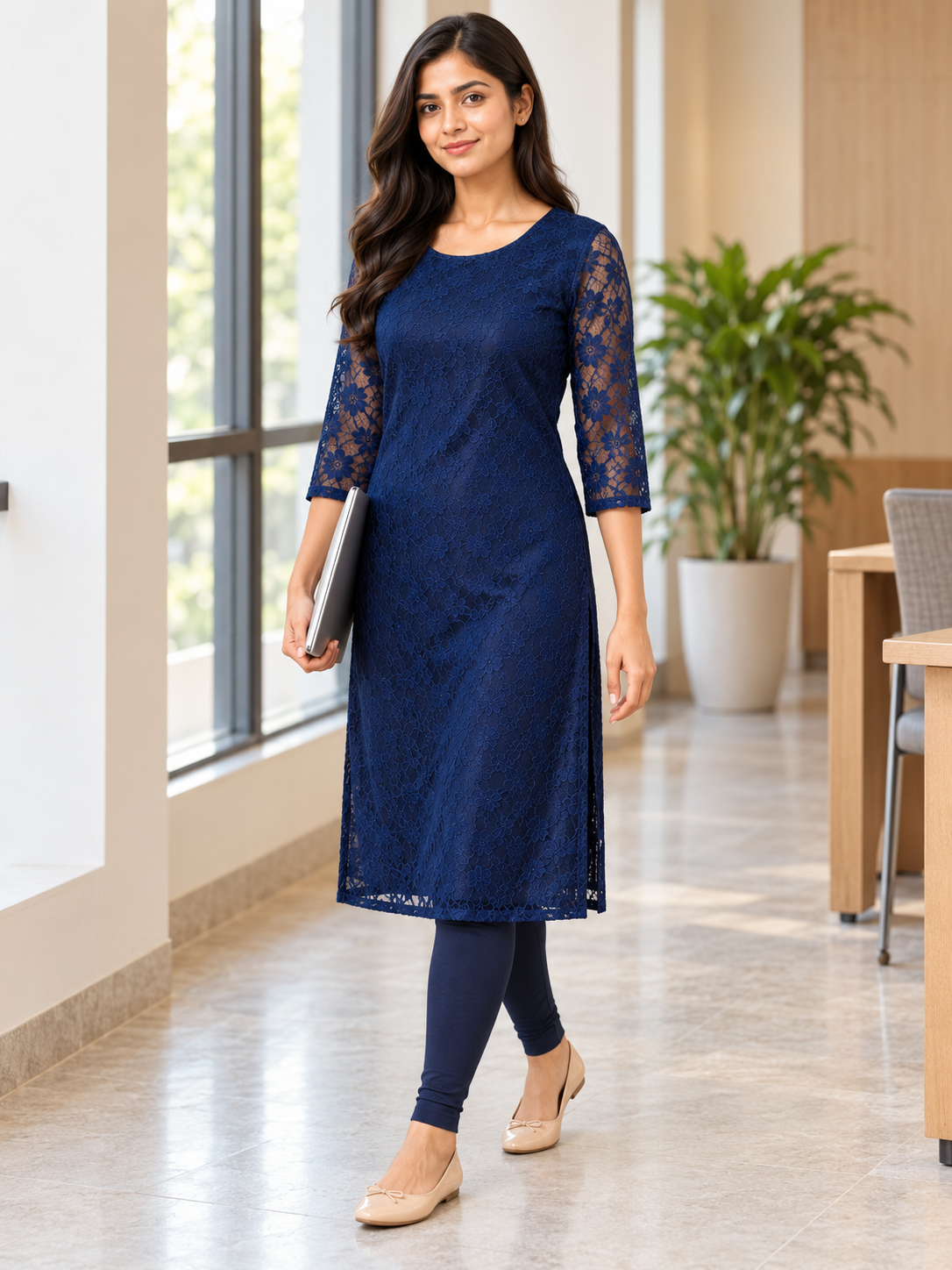 NAVY BLUE NYLON STRAIGHTLINE KURTA FOR CASUAL WEAR