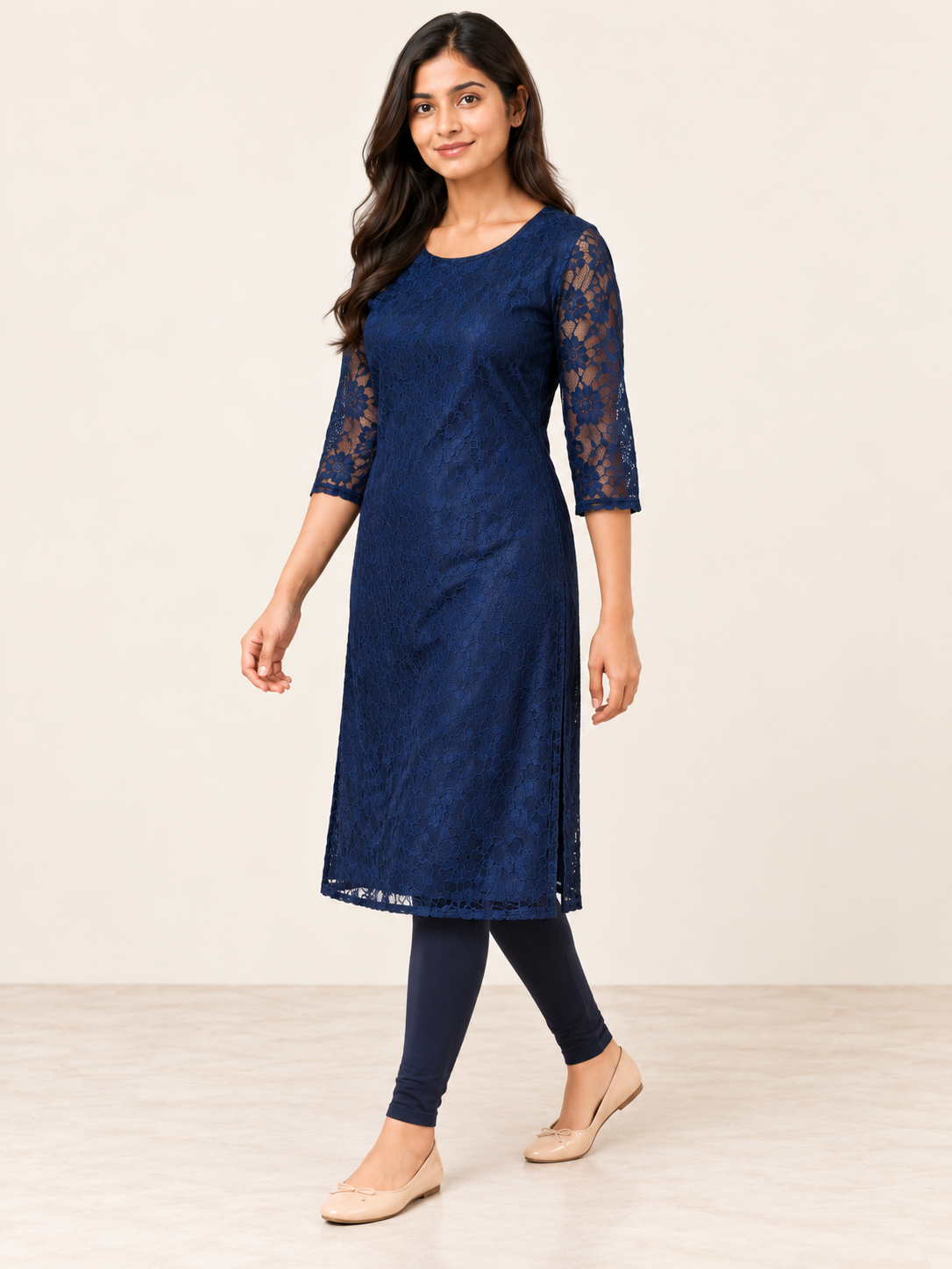NAVY BLUE NYLON STRAIGHTLINE KURTA FOR CASUAL WEAR