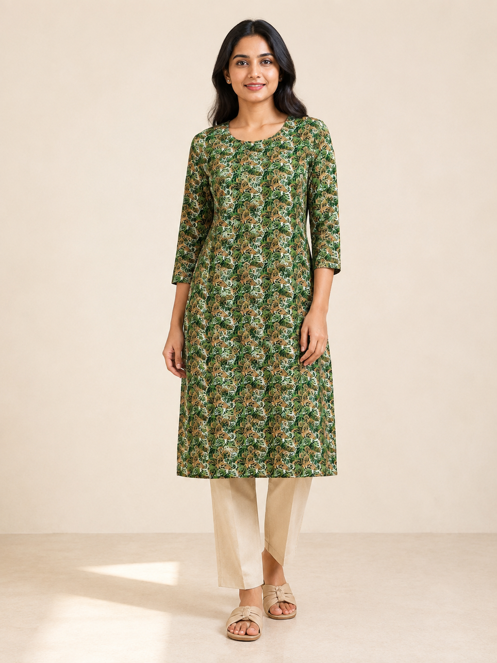GREEN NYLON STRAIGHT LINE KURTA FOR CASUAL WEAR
