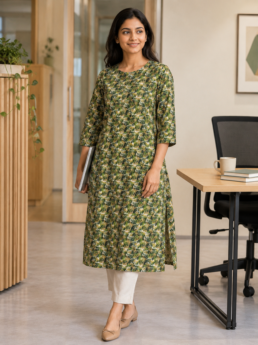 GREEN NYLON STRAIGHT LINE KURTA FOR CASUAL WEAR