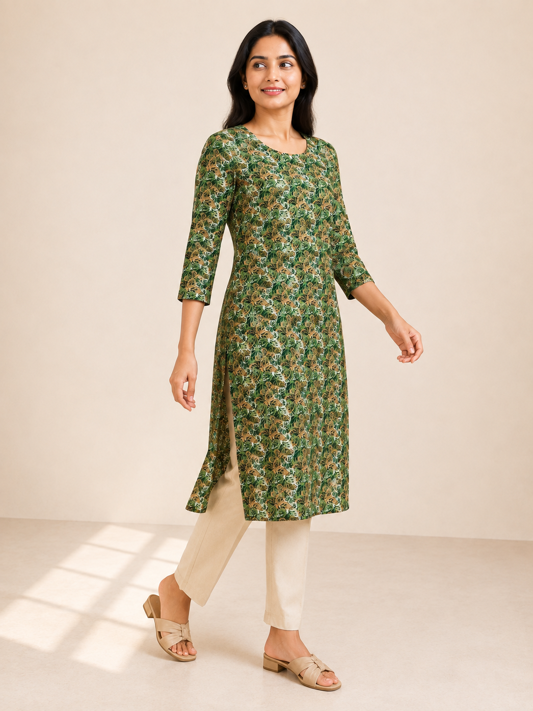 GREEN NYLON STRAIGHT LINE KURTA FOR CASUAL WEAR