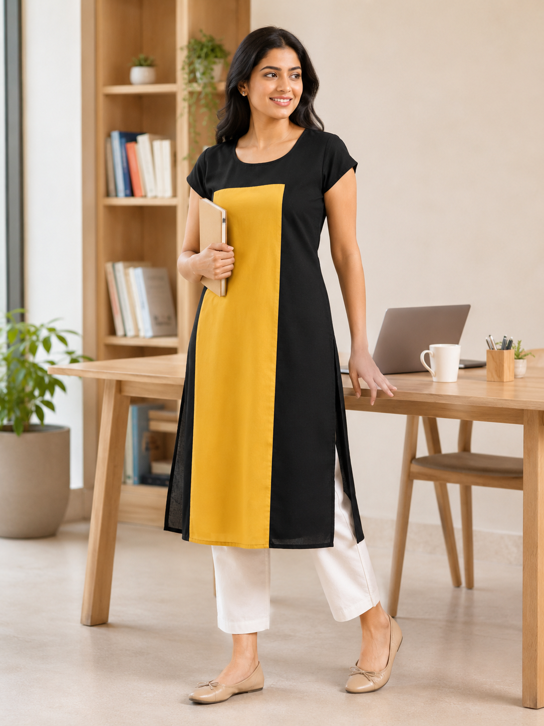 BLACK NYLON STRAIGHTLINE KURTA FOR CASUAL WEAR