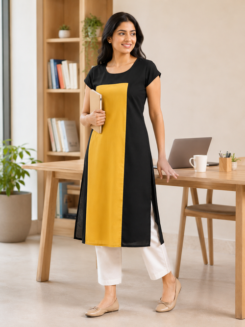BLACK NYLON STRAIGHTLINE KURTA FOR CASUAL WEAR