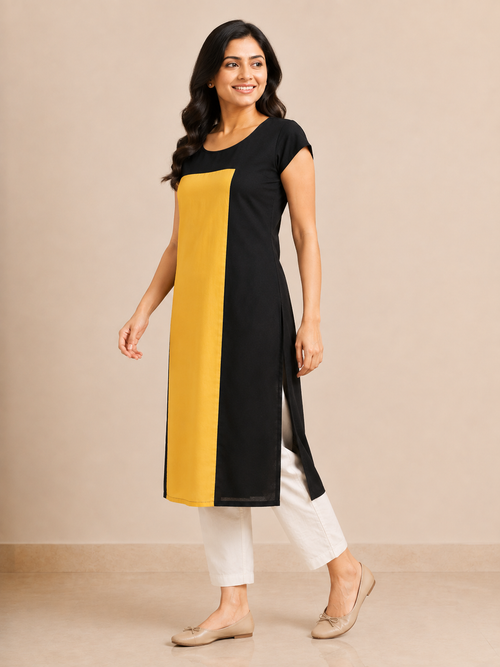 BLACK NYLON STRAIGHTLINE KURTA FOR CASUAL WEAR
