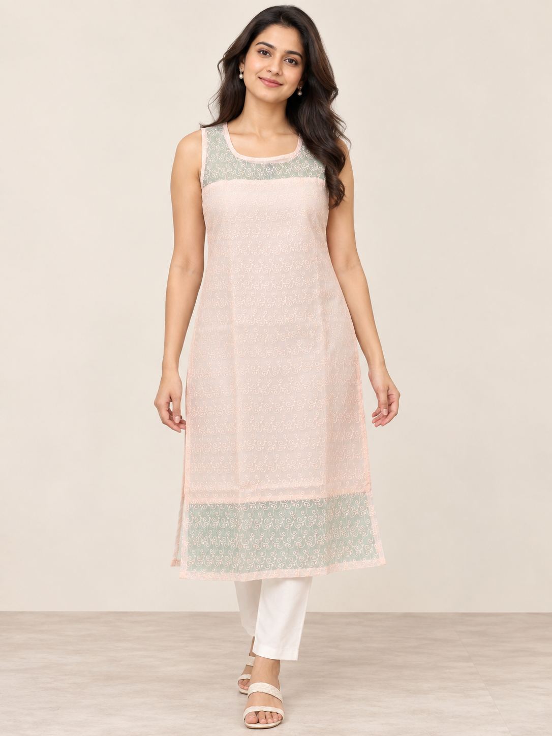 PEACH NYLON STRAIGHTLINE KURTA FOR CASUAL WEAR