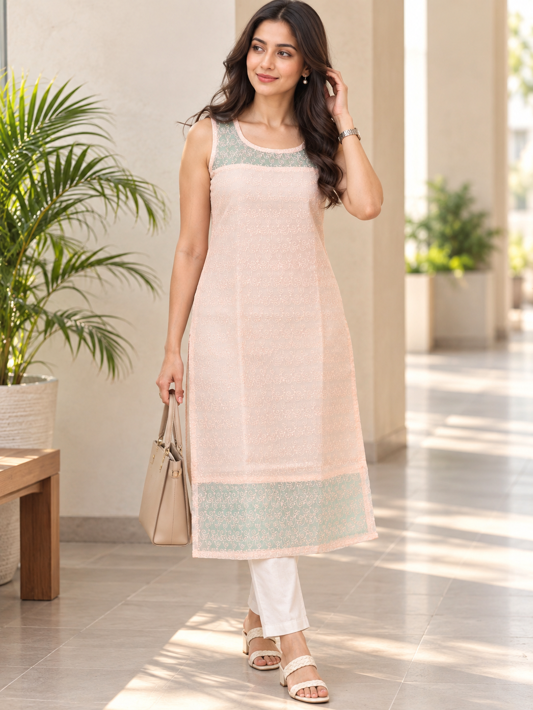PEACH NYLON STRAIGHTLINE KURTA FOR CASUAL WEAR
